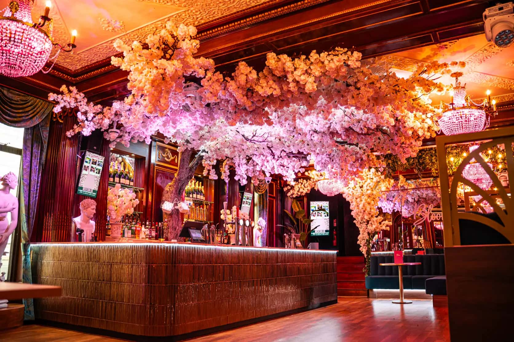 The cherry blossom cocktail lounge and bar at Bloom, Park Street, Bristol, set up for private hire