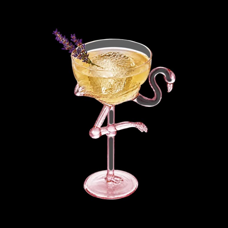 Queen Bee gin cocktail in a pink flamingo glass with a lavender garnish, at Bloom cocktail bar, Park Street, Bristol