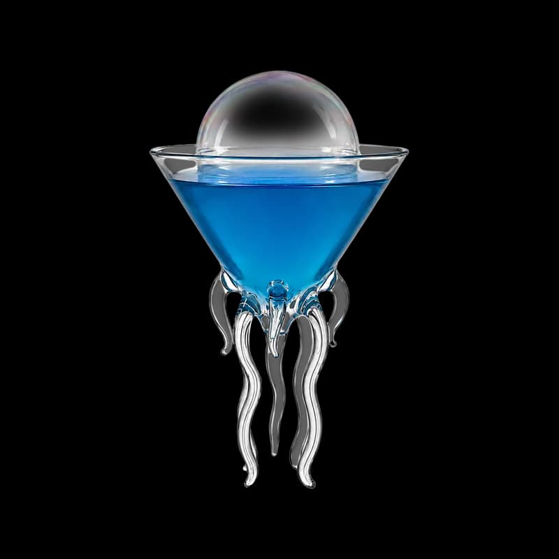 Shore Thing, a blue rum cocktail in a jellyfish shaped glass, at Bloom cocktail bar, Park Street, Bristol