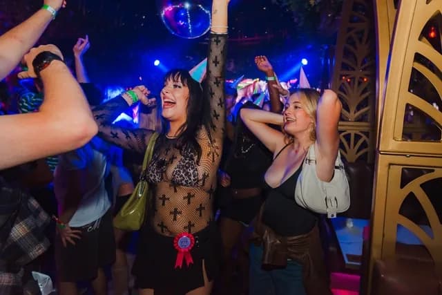 Friends dancing under the disco ball at a birthday party in the nightclub at Bloom, Park Street, Bristol