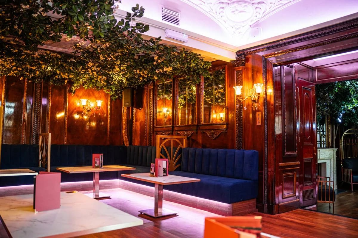 The VIP Rooms, an intimate lounge with botanical decor and blue banquette seating at Bloom, Park Street, Bristol